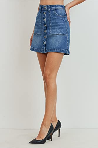 Women's Button Closure with Front Pockets Denim A-line Skirt