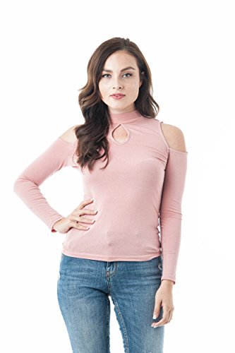 Plain Long Sleeve Open Cold Shoulder Key Hole Mock Neck Top