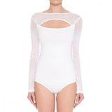 Women's Chest Cutout Mesh Long Sleeve Bodysuit White, Large