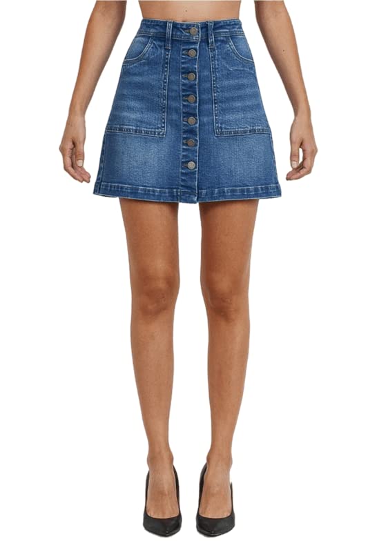 Women's Button Closure with Front Pockets Denim A-line Skirt