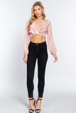 Women's Long Sleeve Notched Collar Front Twisted Crop Woven Top