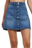 Women's Button Closure with Front Pockets Denim A-line Skirt
