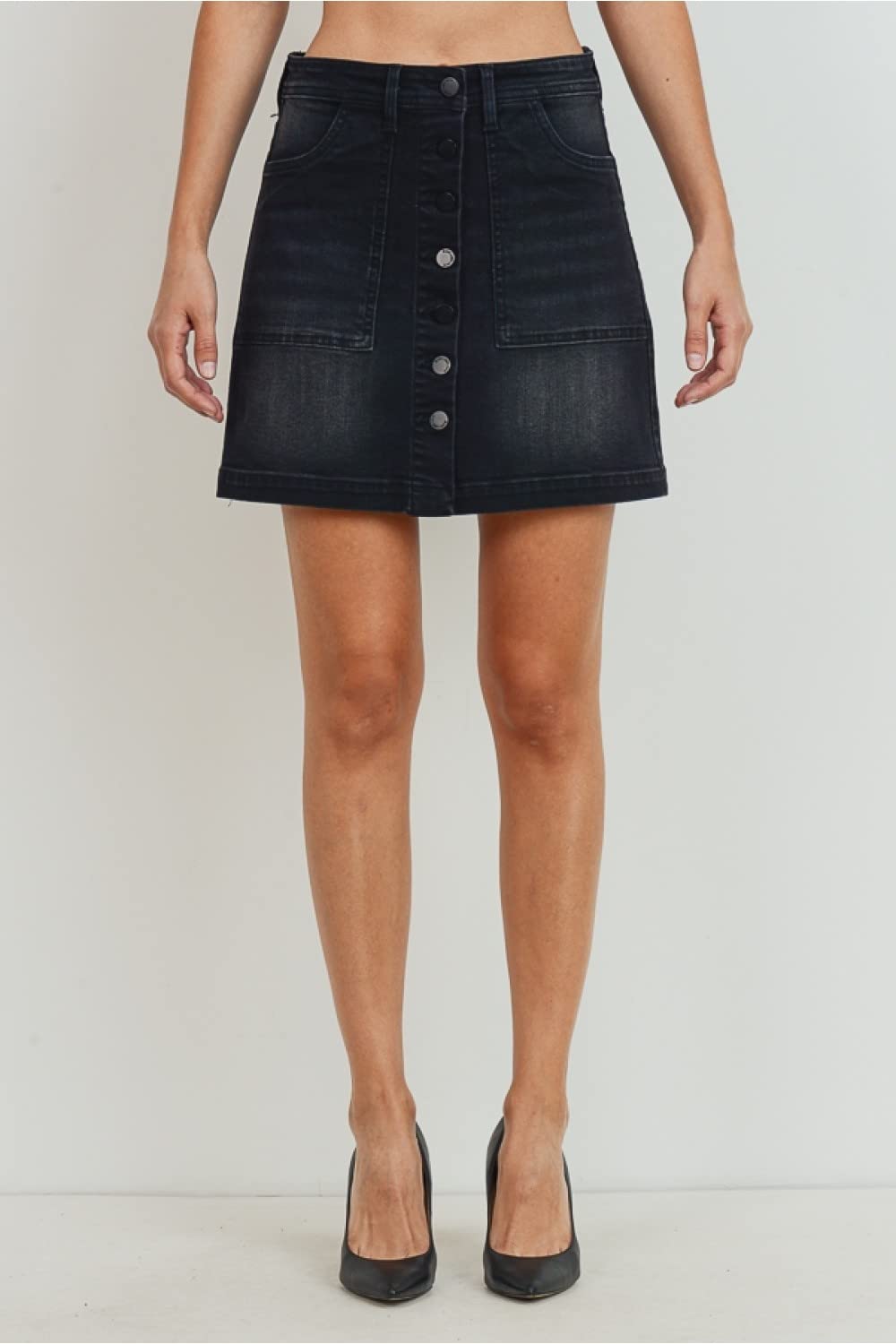 Women's Button Closure with Front Pockets Denim A-line Skirt
