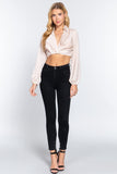 Women's Long Sleeve Notched Collar Front Twisted Crop Woven Top