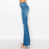 Women's Destructed Flare High Waist Bell Bottoms Stretchy Denim Jeans