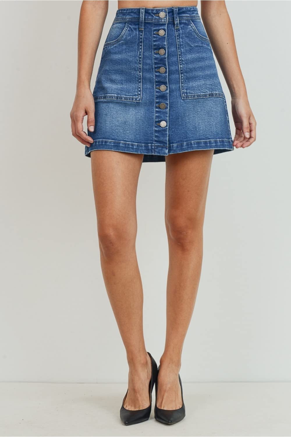 Women's Button Closure with Front Pockets Denim A-line Skirt