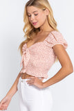 Women's Short Sleeve Bust Tie Smocked Floral Print Woven Top