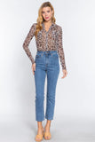Women's Long Sleeve Chest Pocket Button Down Animal Printed Mesh Crop Top