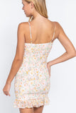 V Neck All Over Smocking Floral Print Cami Woven Mini Dress