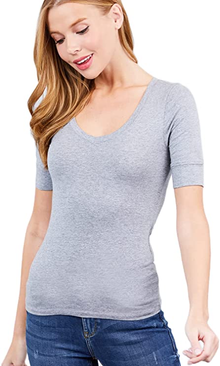 Hollywood Star Fashion Women's Plain Basic Elbow Length Sleeves V Neck Top Fitted Shirt