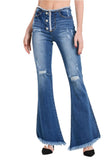 Khanomak Women's High Rise Stretch Zip Button Front Frayed Hem Flare Denim Jeans