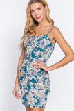 Women's Front Ruched Detail Floral Print Woven Cami Mini Dress
