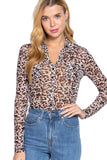 Women's Long Sleeve Chest Pocket Button Down Animal Printed Mesh Crop Top