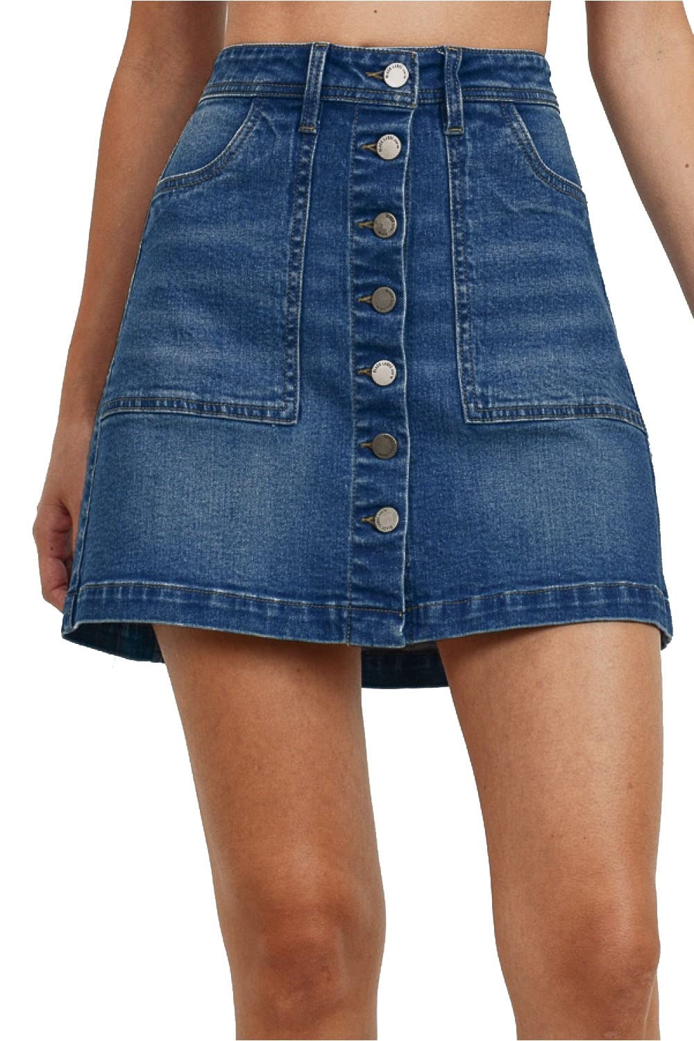 Women's Button Closure with Front Pockets Denim A-line Skirt