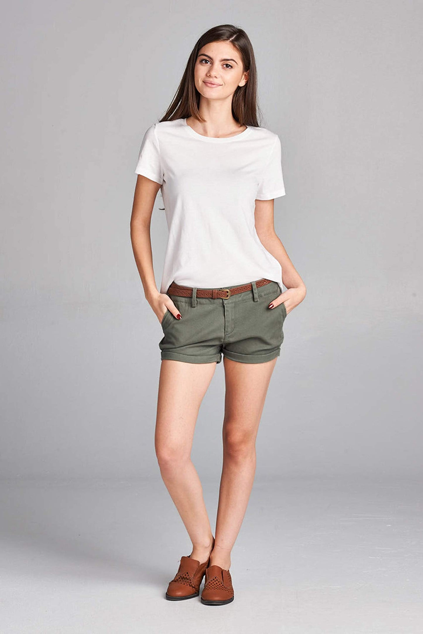Women's Cotton Spandex Twill With Belt Cuffed Hem Shorts