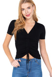 Women's Short Sleeve V-Neck Front Shirring Sweater Top
