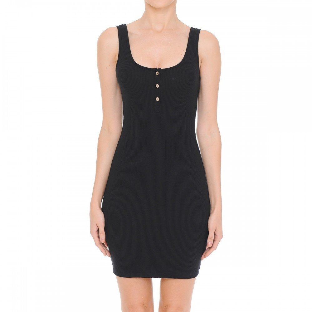 Womens-Women's Ribbed Sleeveless Knitted Button Scoop Neck Knit Body Con Midi Dress Black / M Womens-Women's Ribbed Sleeveless Knitted Button Scoop Neck Knit Body Con Midi Dress Black / M