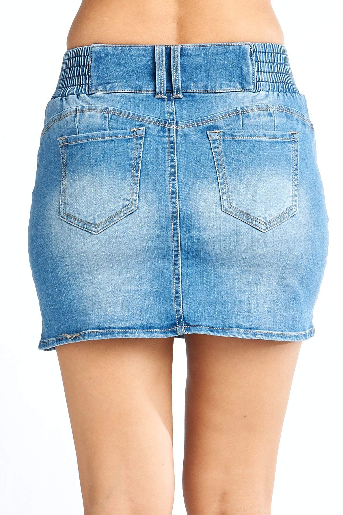 Women's High-Rise Casual Basic 2 Button Front Elastic Waist Denim Jean BodyCon Mini Skirt