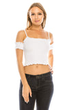 Women's Sinched Smocked Lettuce Hem Tacked Sleeves Strappy Crop Top