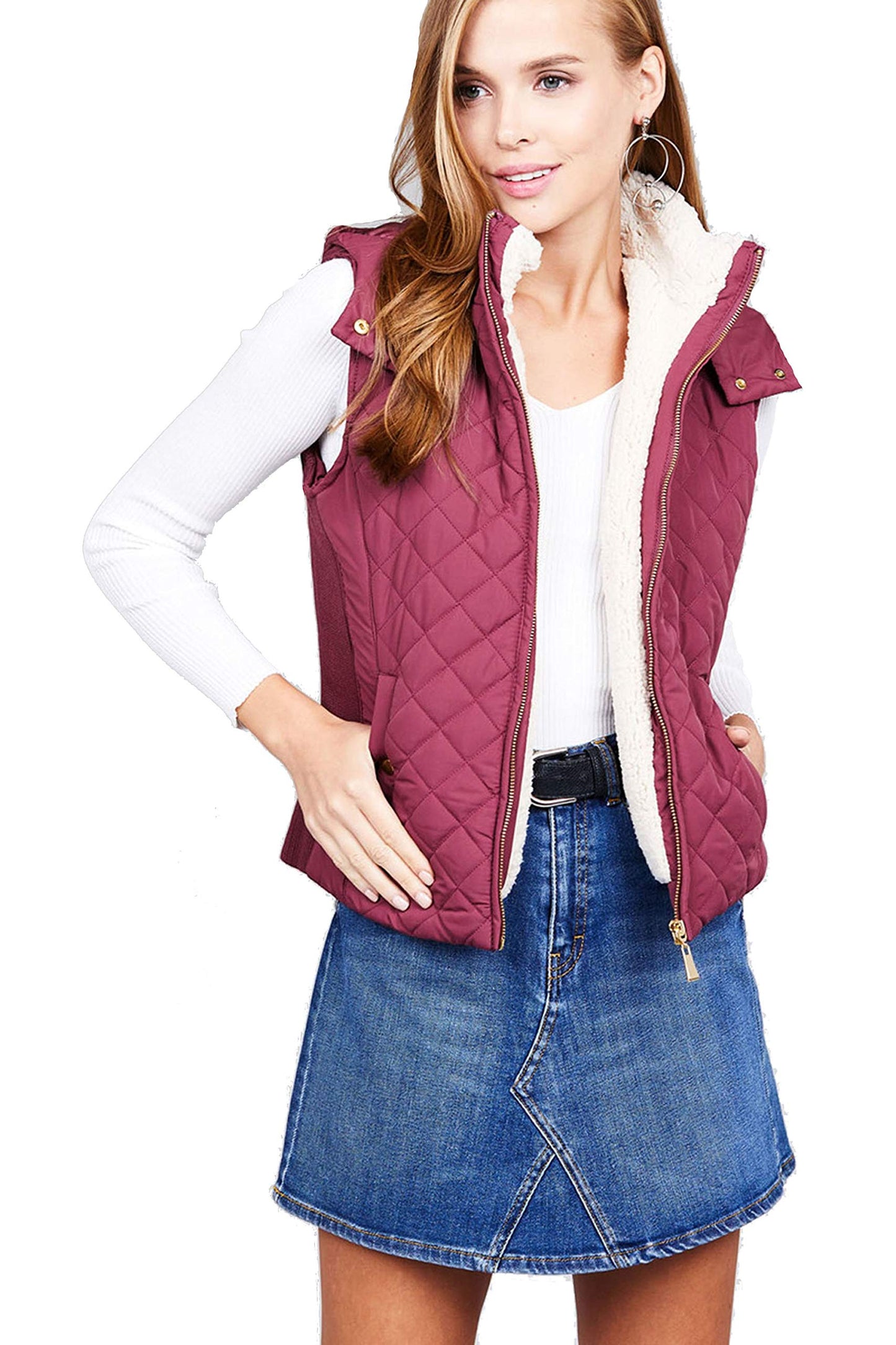 Khanomak Women's Shearling Lined Quilted Padding Hoodie Vest