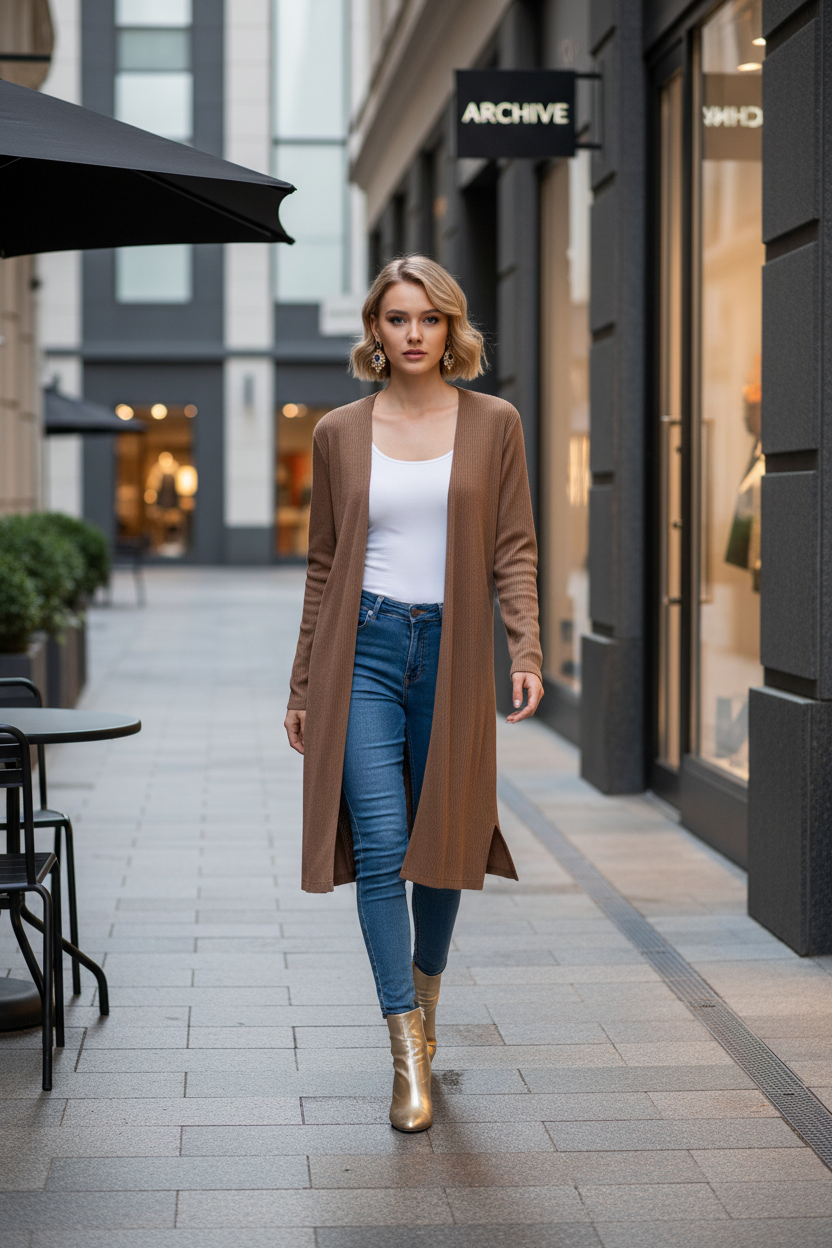 Women's Long Sleeve Ribbed Longline Cardigan Duster with Side Slit