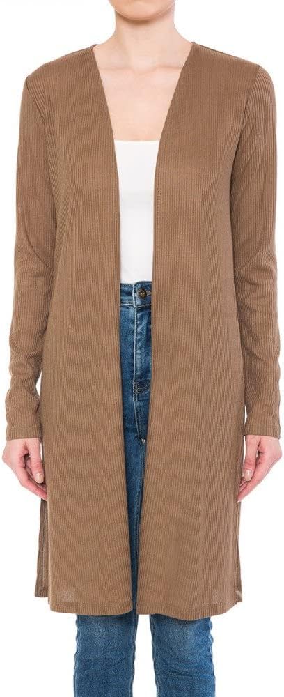 Women's Long Sleeve Ribbed Longline Cardigan Duster with Side Slit
