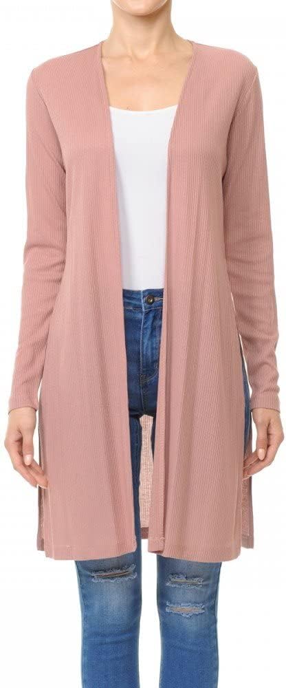 Women's Long Sleeve Ribbed Longline Cardigan Duster with Side Slit