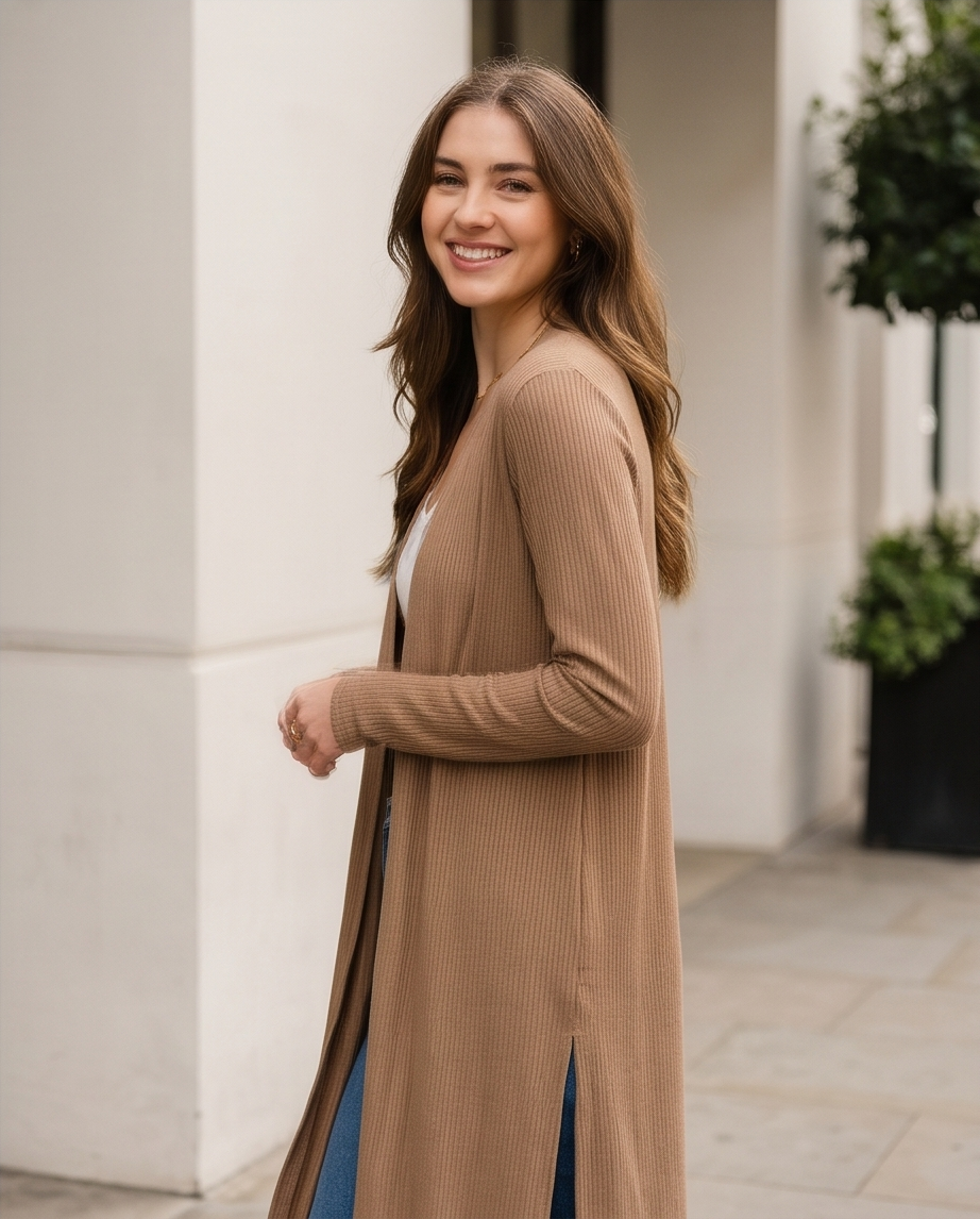 Women's Long Sleeve Ribbed Longline Cardigan Duster with Side Slit