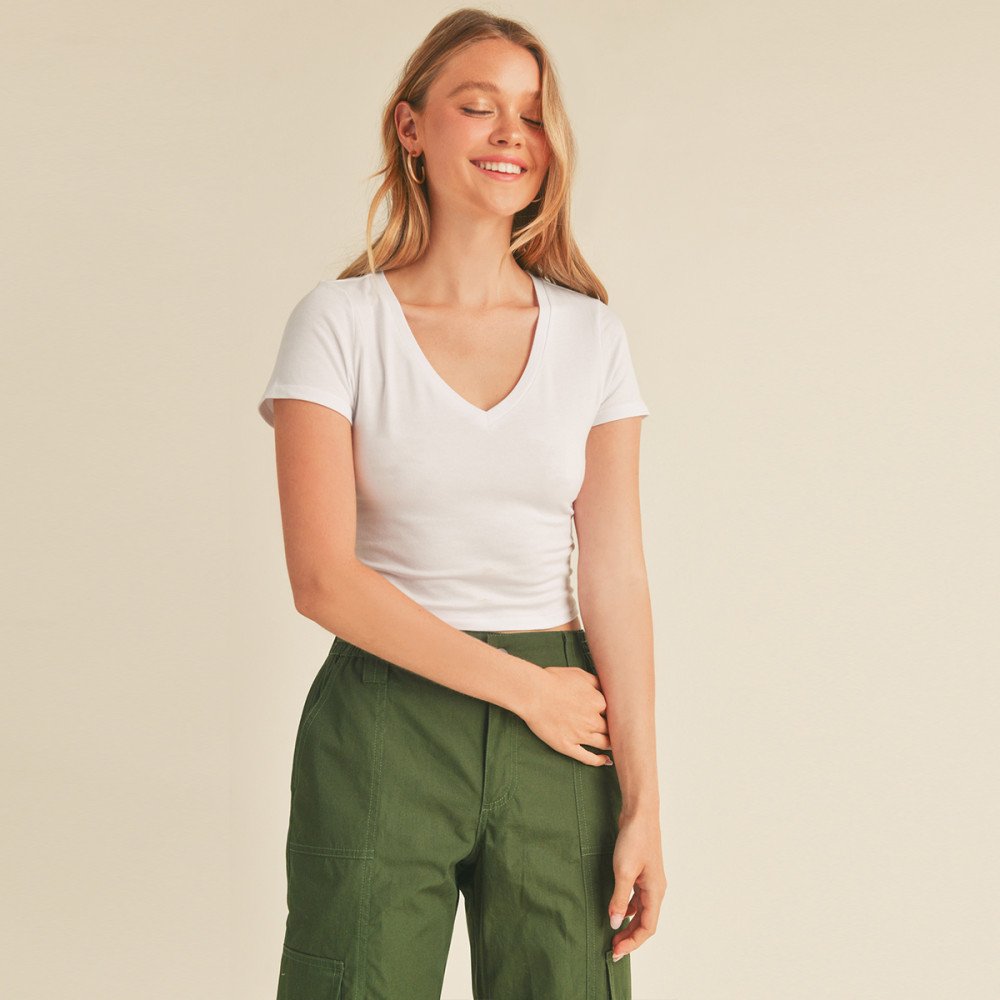 Women's Fitted V-Neck Crop Top Short Sleeve Cotton Stretch Tee Shirt