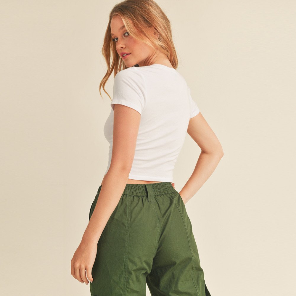 Women's Fitted V-Neck Crop Top Short Sleeve Cotton Stretch Tee Shirt