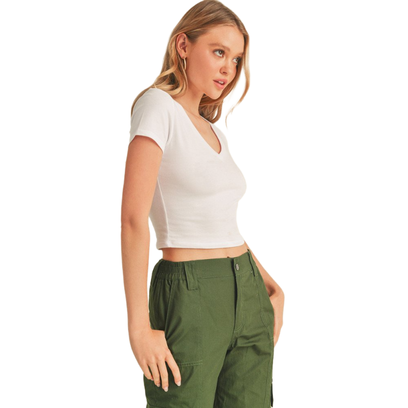 Women's Fitted V-Neck Crop Top Short Sleeve Cotton Stretch Tee Shirt