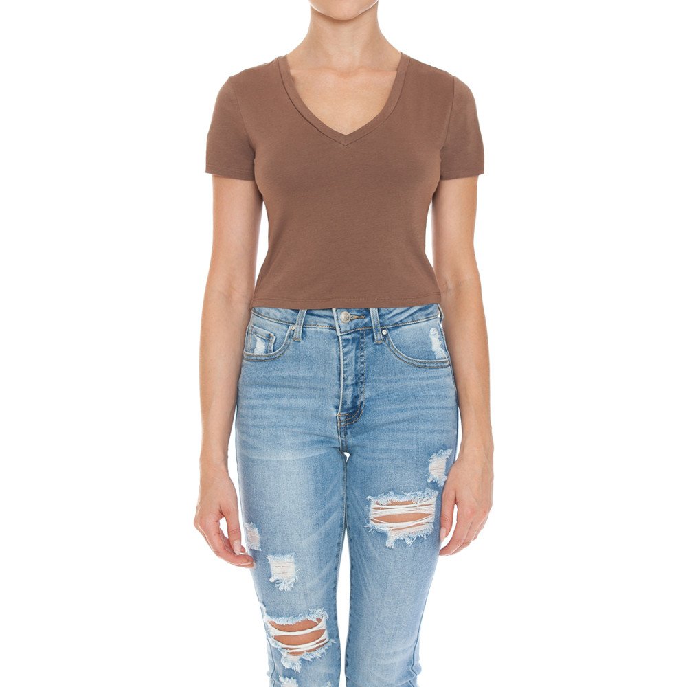 Women's Fitted V-Neck Crop Top Short Sleeve Cotton Stretch Tee Shirt