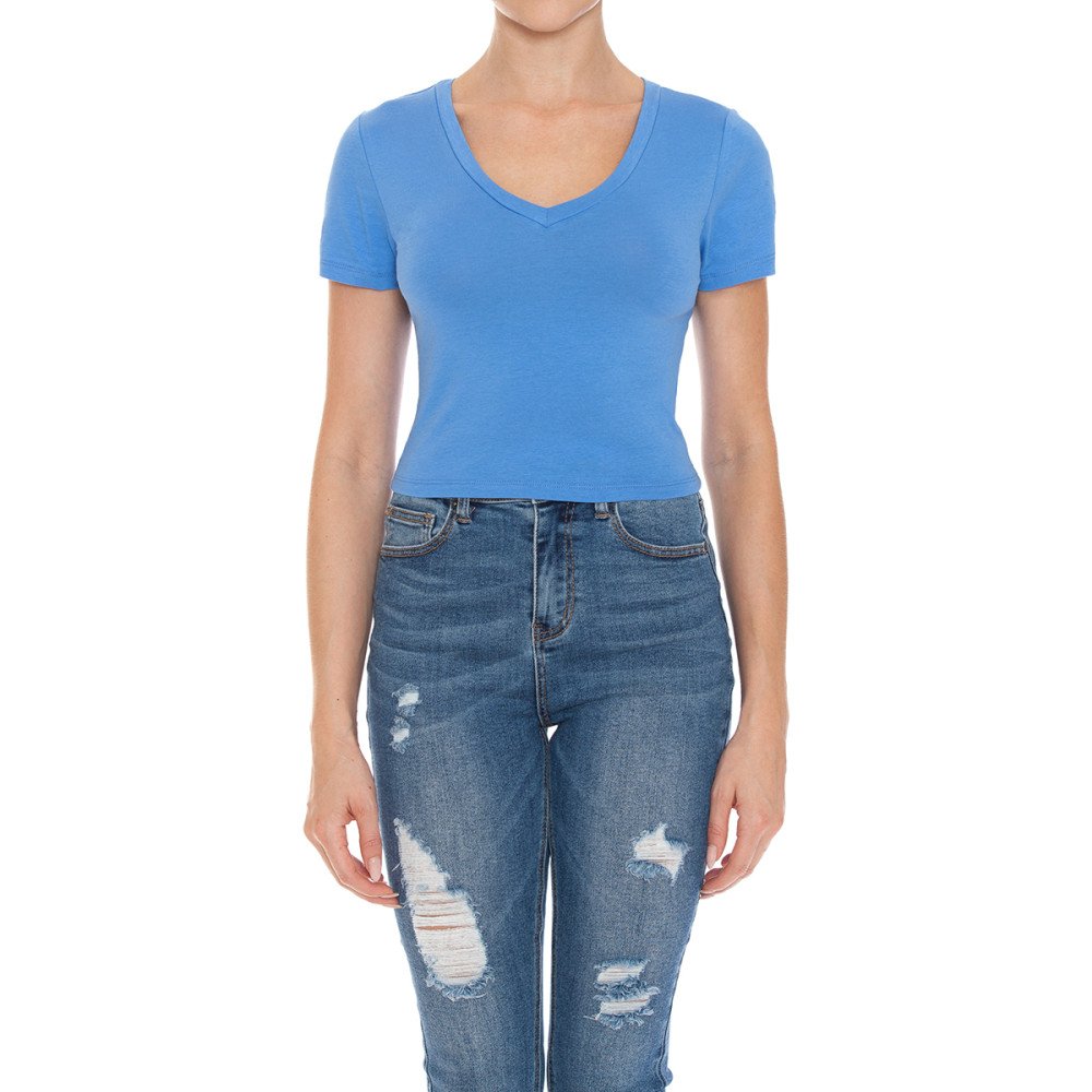Women's Fitted V-Neck Crop Top Short Sleeve Cotton Stretch Tee Shirt