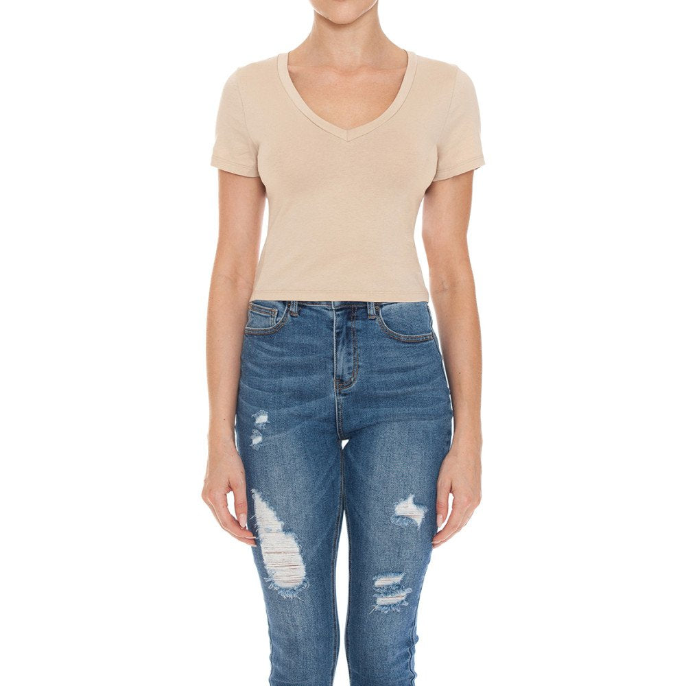 Women's Fitted V-Neck Crop Top Short Sleeve Cotton Stretch Tee Shirt