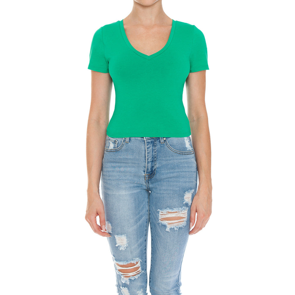 Women's Fitted V-Neck Crop Top Short Sleeve Cotton Stretch Tee Shirt