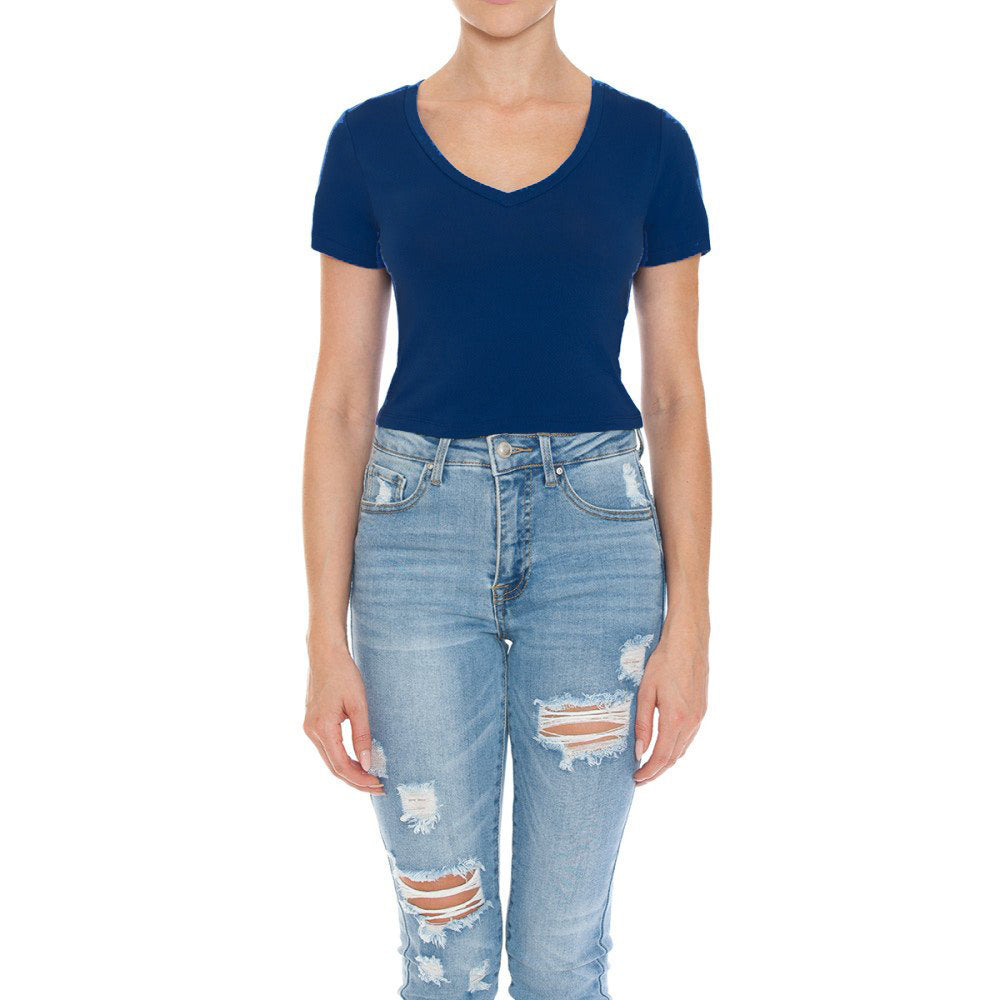 Women's Fitted V-Neck Crop Top Short Sleeve Cotton Stretch Tee Shirt