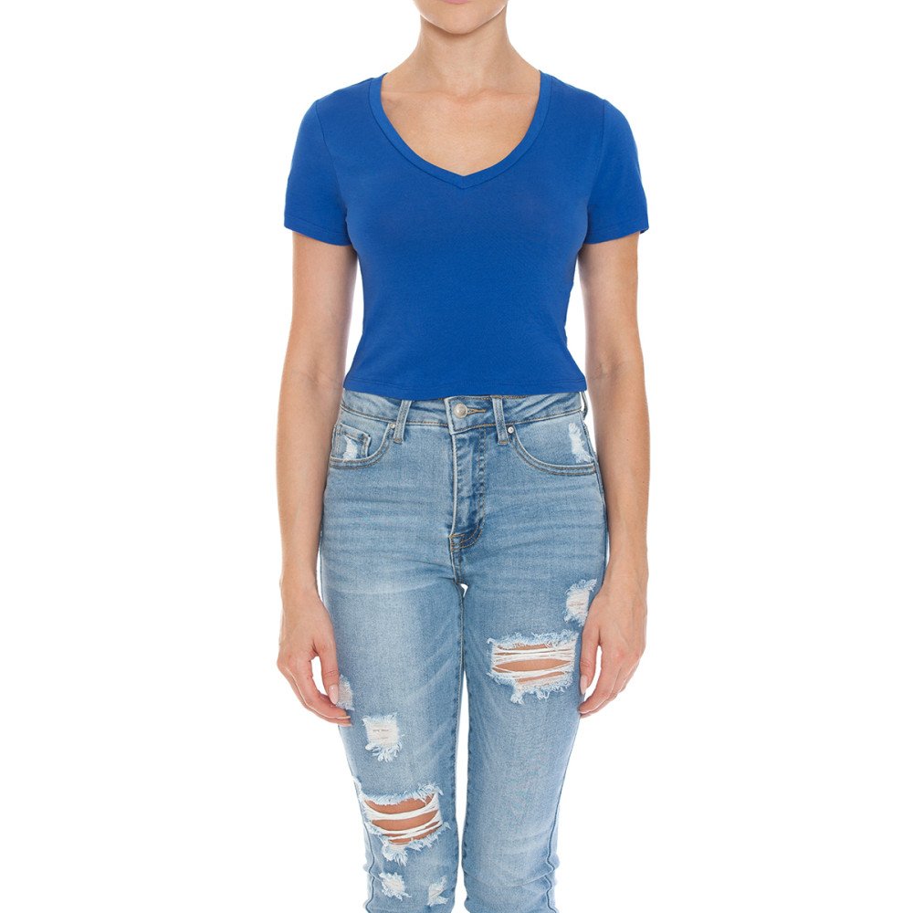 Women's Fitted V-Neck Crop Top Short Sleeve Cotton Stretch Tee Shirt