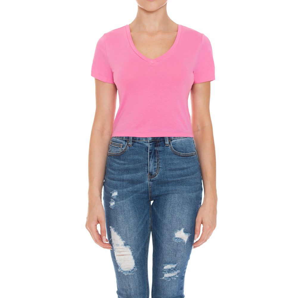 Women's Fitted V-Neck Crop Top Short Sleeve Cotton Stretch Tee Shirt