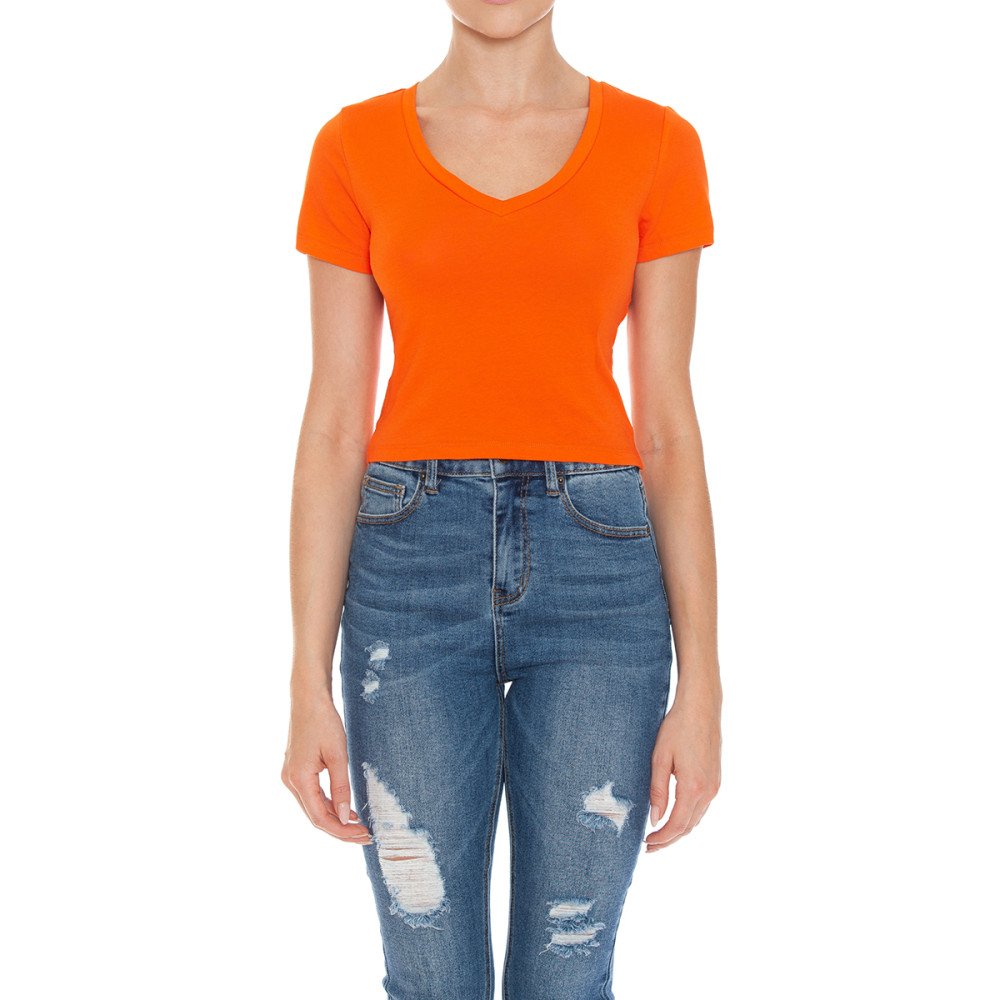 Women's Fitted V-Neck Crop Top Short Sleeve Cotton Stretch Tee Shirt