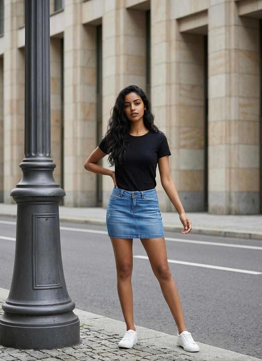 Women’s Mid Rise Denim Mini Skirt Stretch Casual Summer Jean Skirt 5 Pocket
