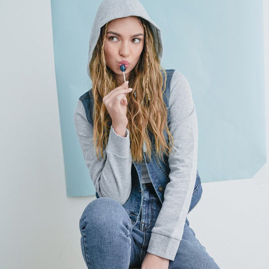 Women Fleece Sleeve and Hood Denim Jacket