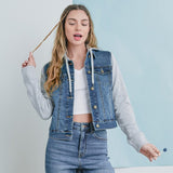 Women Fleece Sleeve and Hood Denim Jacket