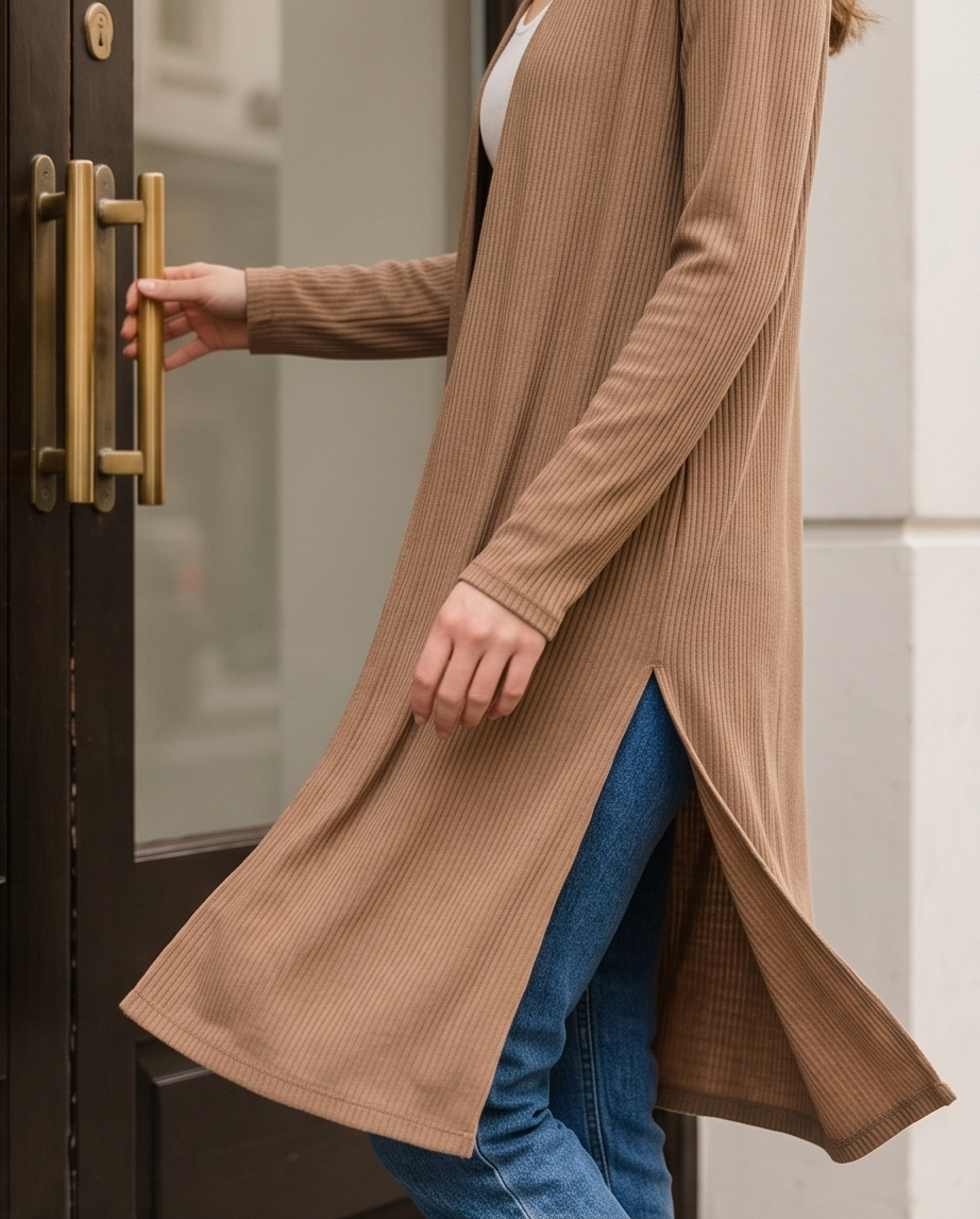 Women's Long Sleeve Ribbed Longline Cardigan Duster with Side Slit