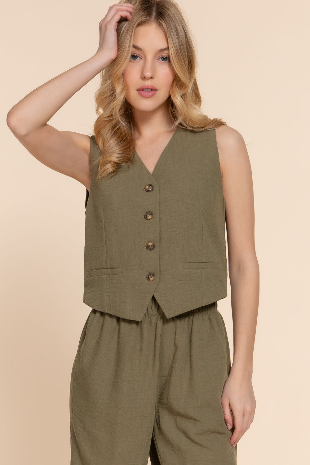 Women's Button Closure Linen Effect Vest