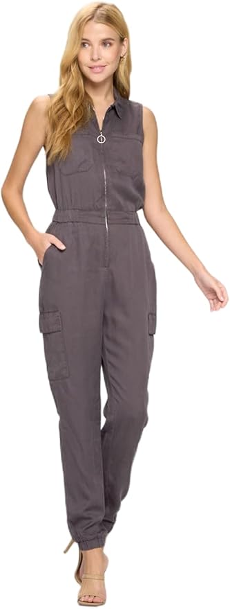 Tencel Sleeveless Jumpsuit with Cargo Pockets