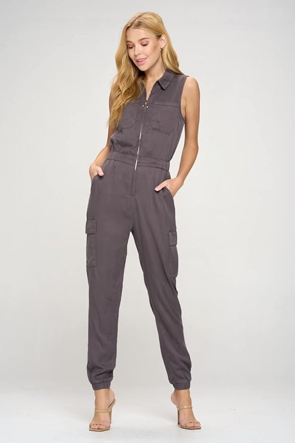 Tencel Sleeveless Jumpsuit with Cargo Pockets