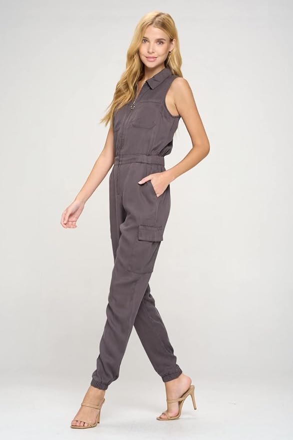 Tencel Sleeveless Jumpsuit with Cargo Pockets