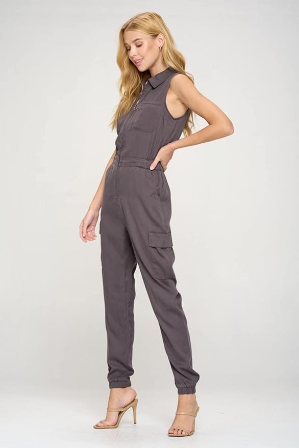 Tencel Sleeveless Jumpsuit with Cargo Pockets