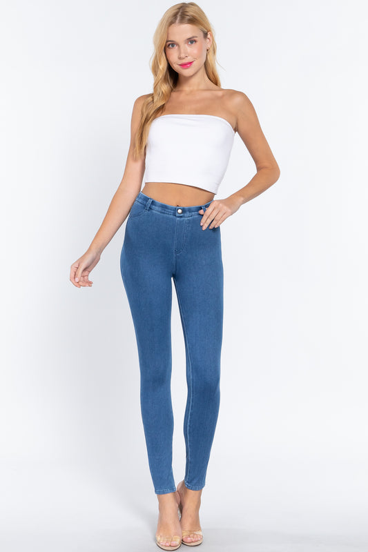 Women's Tack Button Knit Denim Full Length Blue Denim Jeggings