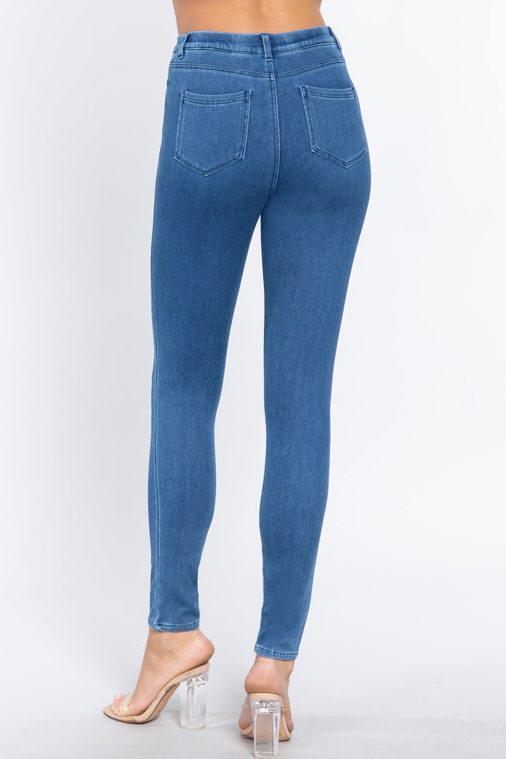 Women's Tack Button Knit Denim Full Length Blue Denim Jeggings